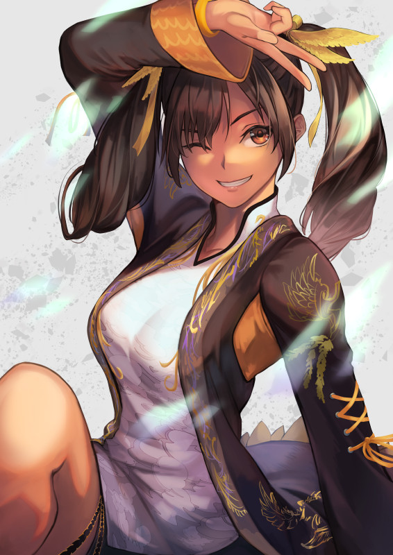 1girl, brown_eyes, brown_hair, china_dress, chinese_clothes, dress, grin, hinoru_saikusa