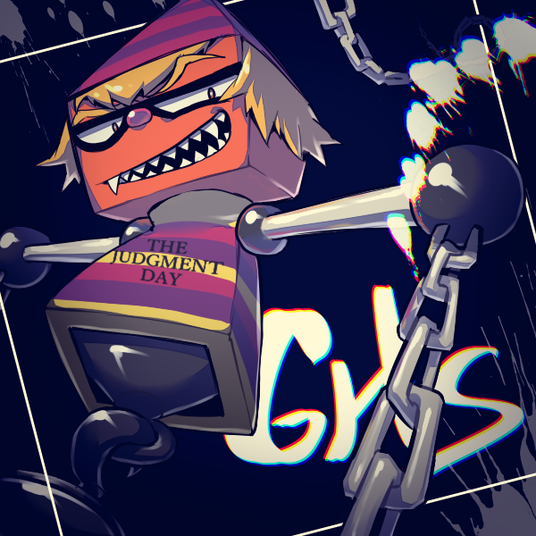 ball_and_chain_restraint, bright_pupils, chain, chromatic_aberration, english_text, evil_grin, evil_smile, gregory_horror_show, grin, judgement_boy_(gregory_horror_show), oramudayukai, pink_nose, sharp_teeth, short_hair, smile, striped, striped_headwear, teeth, white_pupils