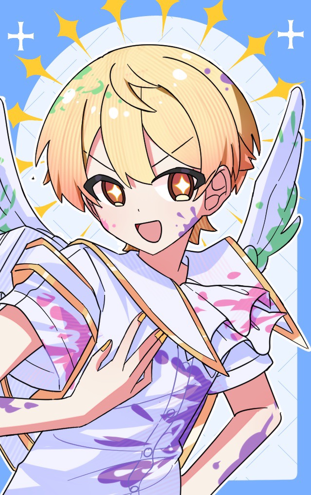 +_+, 1boy, :d, angel_wings, ascot, blonde_hair, blue_border, border