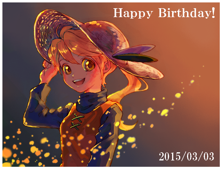 1girl, adjusting_clothes, adjusting_headwear, black_shirt, blonde_hair, border, brown_background, brown_eyes