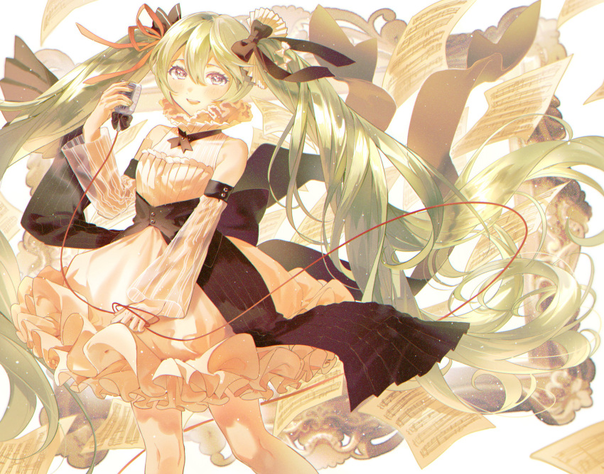 1girl, :d, absurdres, bare_shoulders, bow, detached_sleeves, dress, frilled_dress