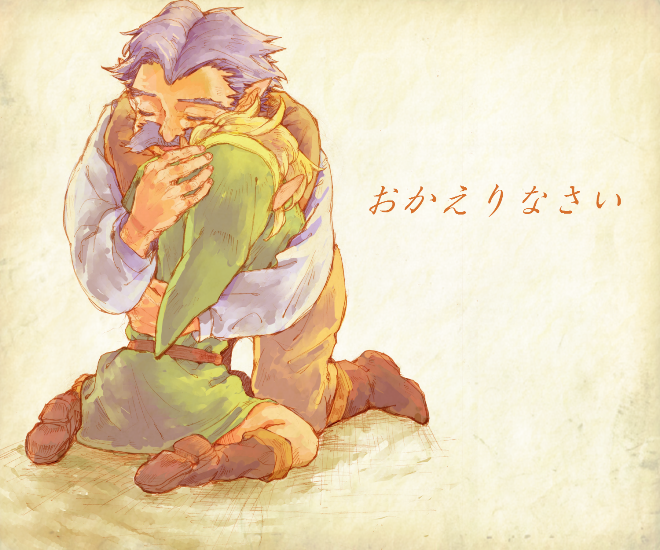 2boys, belt, blonde_hair, brown_belt, brown_footwear, brown_pants, brown_vest, closed_eyes