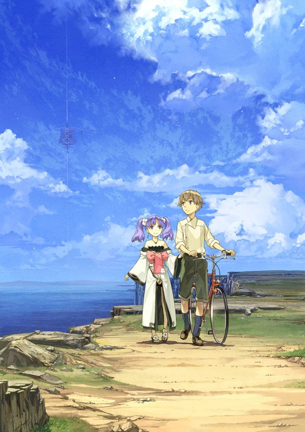 bare_shoulders, bicycle, clain, cloud, clouds, fractale, hidari, hidari_(left_side)
