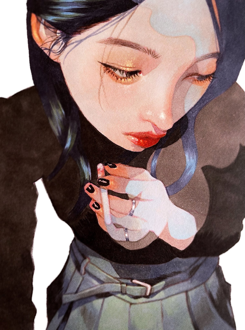 1girl, belted_skirt, black_hair, black_shirt, chom1015, cigarette, closed_mouth, commentary