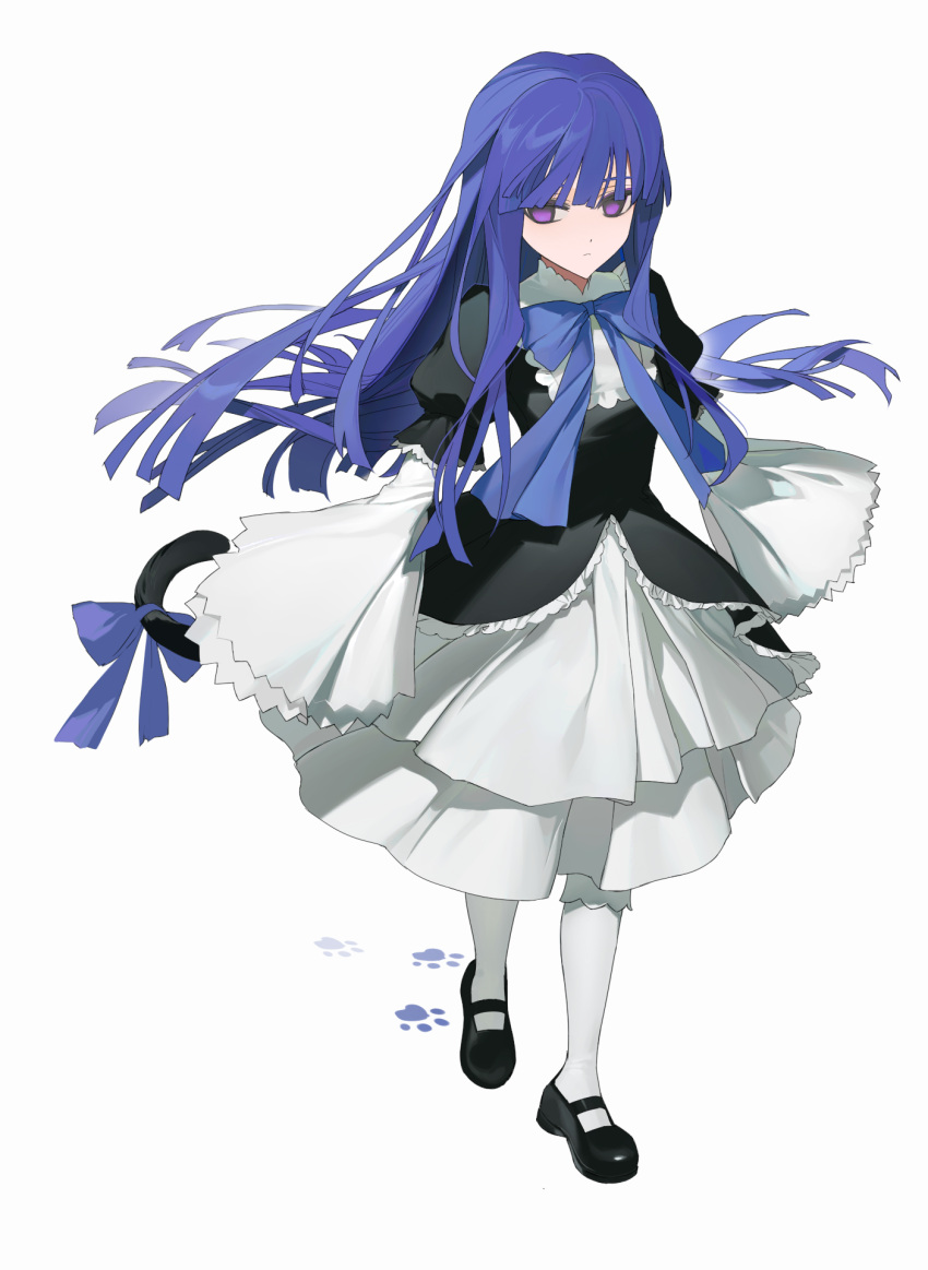 1girl, ays1071, black_footwear, blue_bow, blue_bowtie, blue_hair, blunt_bangs, bow, bowtie, cat_tail, closed_mouth, expressionless, footprints, frederica_bernkastel, hair_between_eyes, highres, lolita_fashion, long_hair, long_sleeves, sidelocks, simple_background, sleeves_past_wrists, solo, tail, umineko_no_naku_koro_ni, violet_eyes, walking, white_background, wide_sleeves