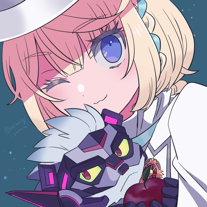 2boys, :3, apple, bear_boy, blonde_hair, blue_eyes, blunt_bangs, braid