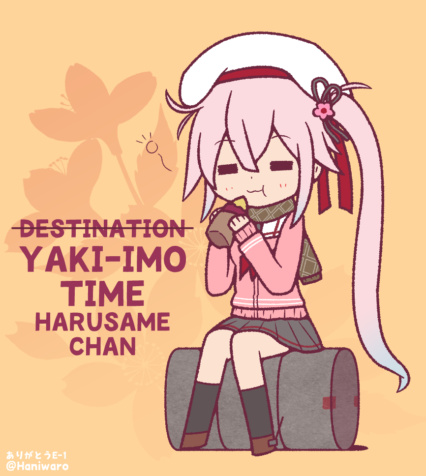 1girl, =_=, artist_name, black_skirt, cardigan, commentary_request, drum_(container), eating