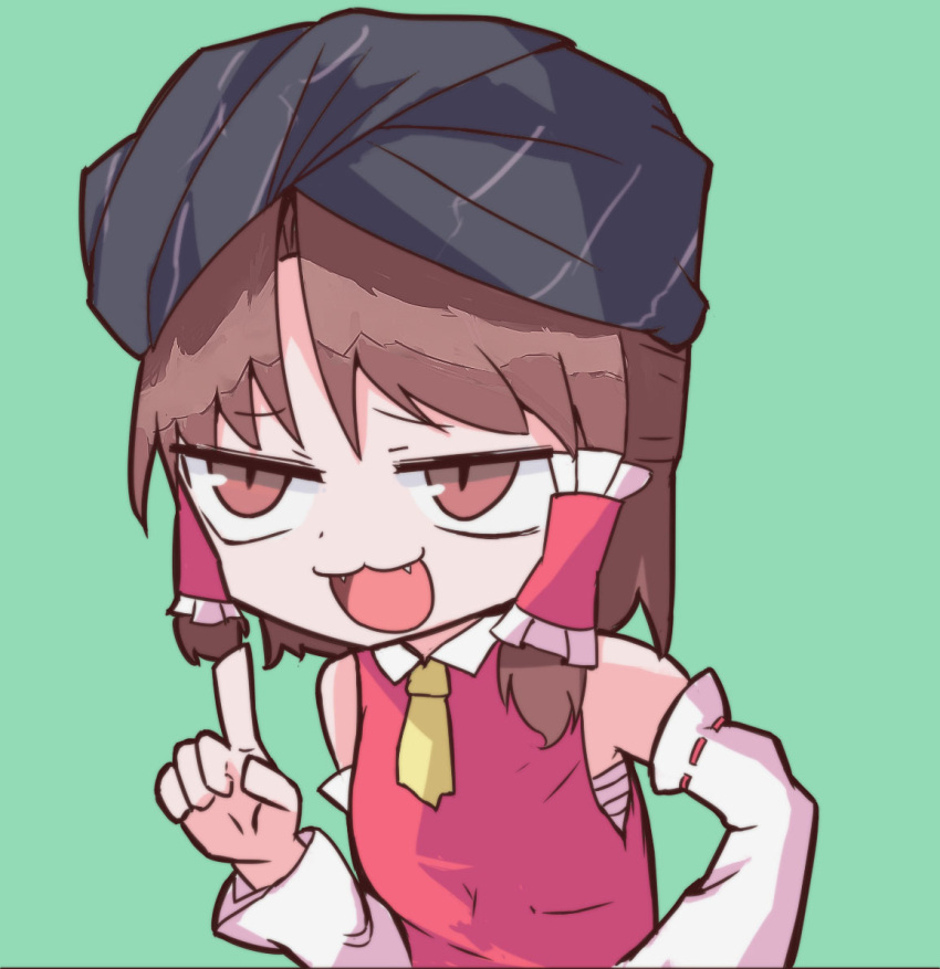 1girl, :3, benikurage_(cookie), black_headwear, breasts, brown_eyes, brown_hair, collared_shirt