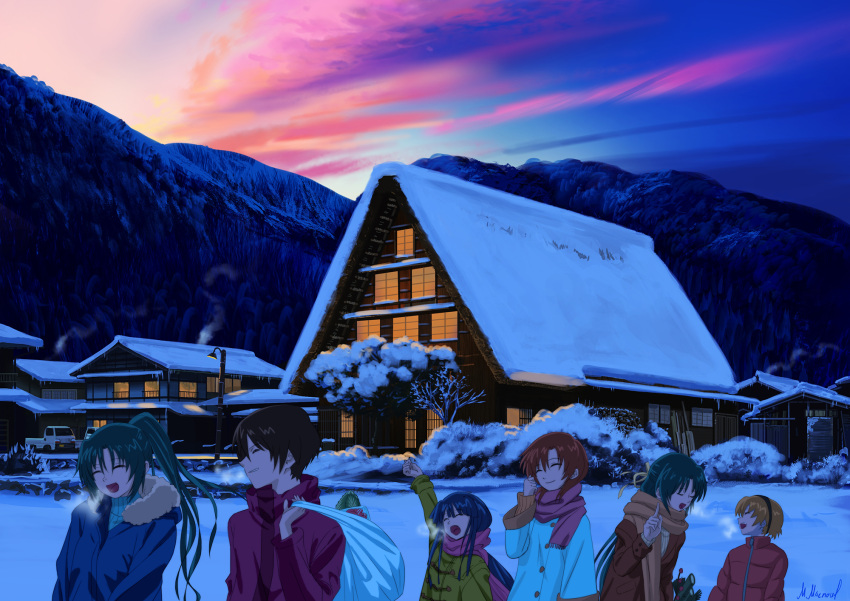1boy, 5girls, arm_up, bag, blonde_hair, blue_jacket, blue_theme, brown_hair, brown_jacket, brown_scarf, brown_sweater, building, carrying_over_shoulder, clenched_hand, closed_eyes, coat, down_jacket, duffel_coat, everyone, food, fur-trimmed_hood, fur_trim, furude_rika, gable_roof, green_hair, grey_sweater, grin, hair_ribbon, head_tilt, high_ponytail, highres, higurashi_no_naku_koro_ni, hood, houjou_satoko, house, icicle, jacket, lamppost, leaning_forward, long_hair, mac_naut, maebara_keiichi, morning, motor_vehicle, mountain, mountainous_horizon, multiple_girls, napa_cabbage, open_mouth, outdoors, parted_bangs, pickup_truck, pink_clouds, pink_scarf, plastic_bag, plastic_wrap, pointing, pointing_up, purple_clouds, purple_jacket, red_jacket, ribbon, ryuuguu_rena, scarf, scenery, short_hair, sidelocks, signature, smile, snow, snow_on_tree, sonozaki_mion, sonozaki_shion, steam, steam_from_mouth, sunrise, sweater, talking, truck, turtleneck, turtleneck_sweater, very_long_hair, white_coat, window, winter, winter_clothes, winter_coat, yellow_coat, yellow_ribbon