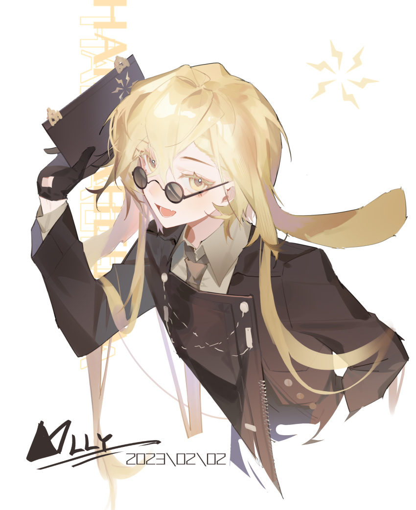 1boy, :d, absurdres, androgynous, animal_ears, arknights, artist_name, black_gloves