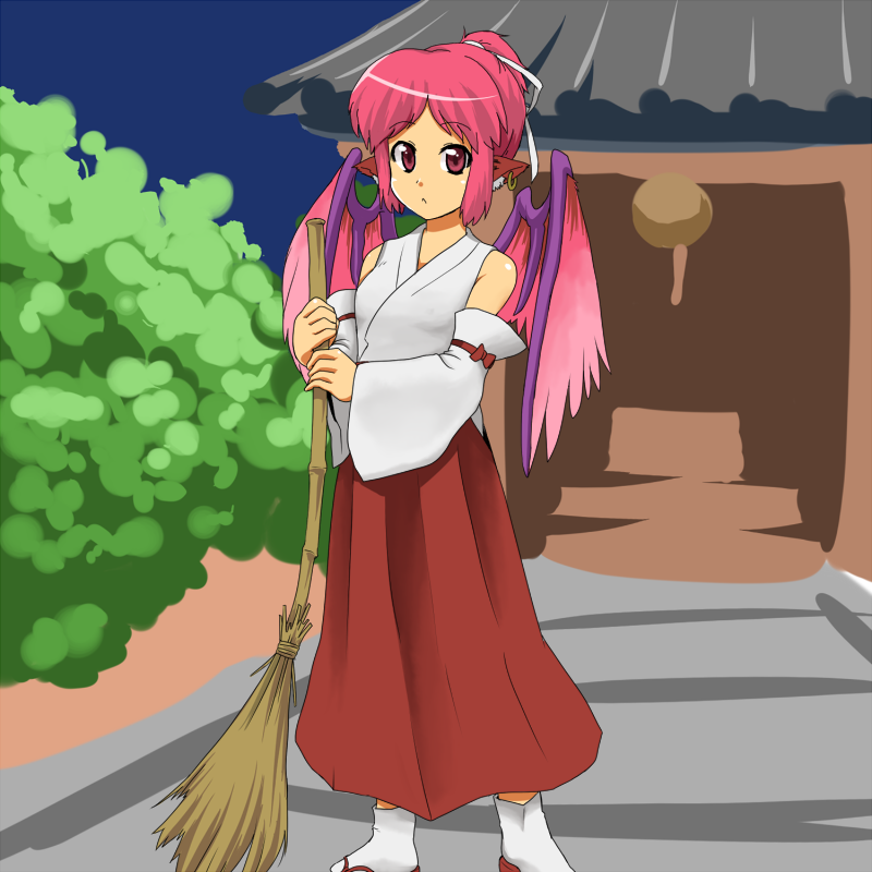 animal_ears, bamboo-shafted_broom, bamboo_broom, bare_shoulders, broom, daajirin.koucha, detached_sleeves, earrings