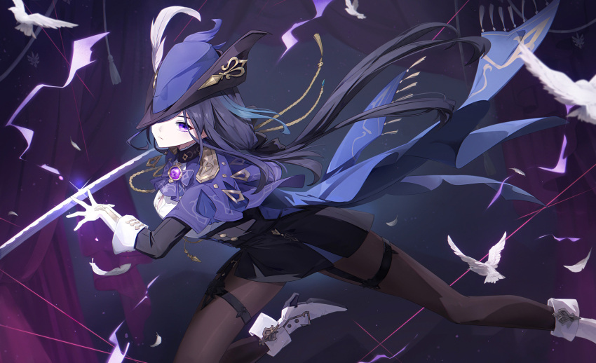 1girl, 606_haochuangshangren, ascot, black_corset, blue_ascot, blue_cape, blue_hair, blue_headwear