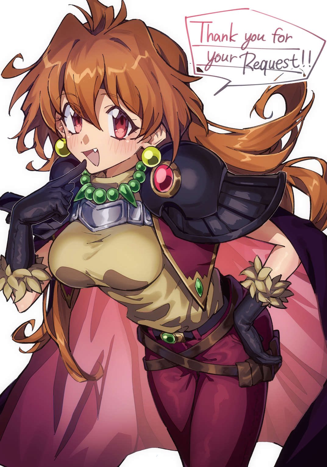 1girl, :d, belt, black_gloves, brown_belt, brown_hair, cape, cloak