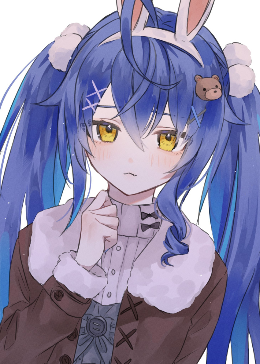 ahoge, amamiya_kokoro, animal_ears, bear_hair_ornament, blue_hair, blush, brown_coat, coat