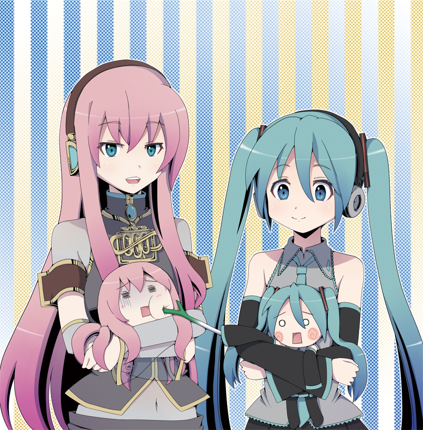 aqua_eyes, aqua_hair, cheek_poke, chibi, detached_sleeves, hachune_miku, hatsune_miku, headphones