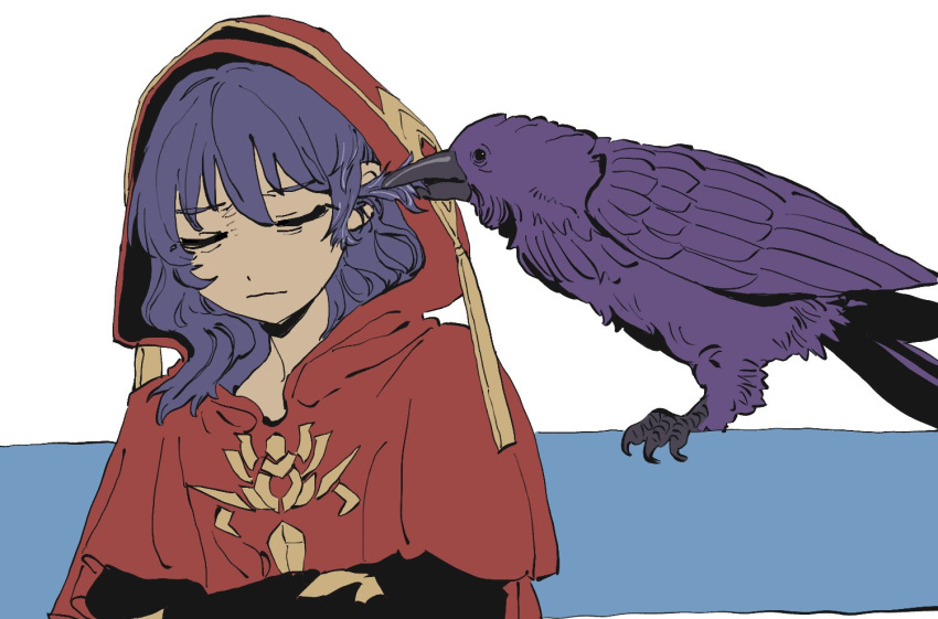 1girl, bird, blue_hair, closed_eyes, crossed_arms, crow, duel_monster, hood