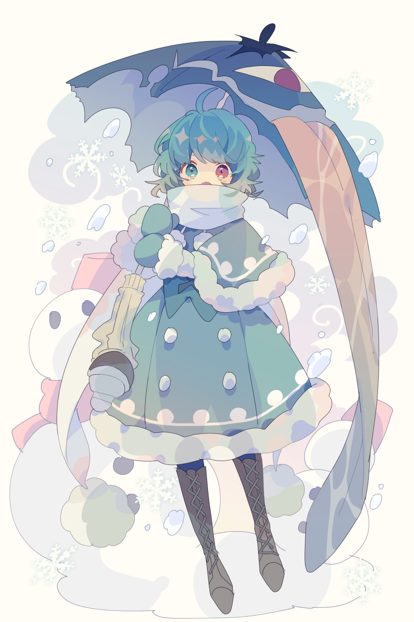 1girl, absurdres, aqua_capelet, aqua_dress, aqua_mittens, black_footwear, blue_eyes, blue_hair