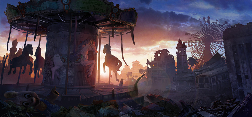carousel, chenkai010, ferris_wheel, no_humans, post-apocalyptic, realistic, robbie, ruins