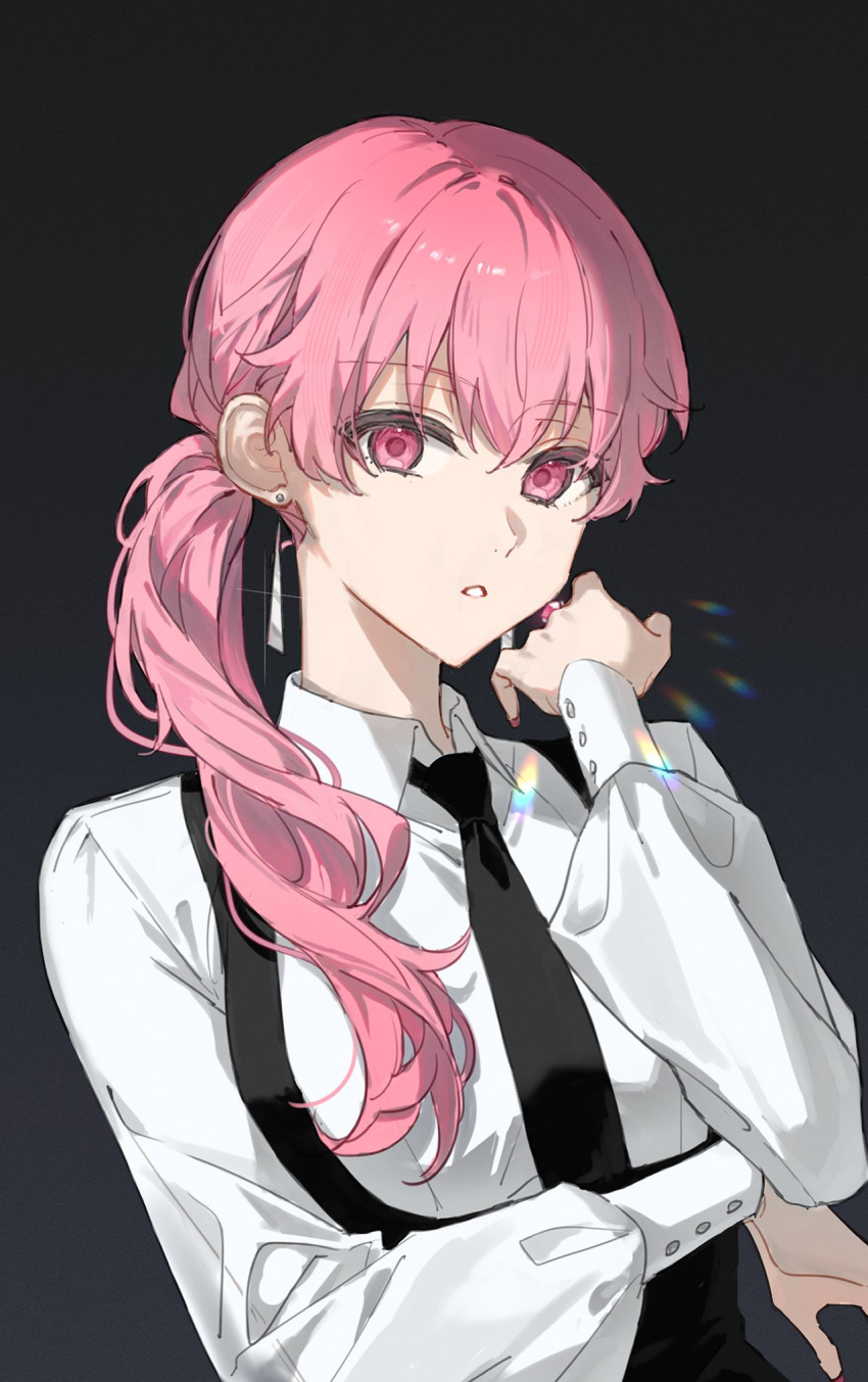 1girl, black_background, black_necktie, black_skirt, collared_shirt, commentary, crossed_bangs, earrings, glint, gradient_background, grey_background, highres, jewelry, long_sleeves, looking_at_viewer, momoi_airi, necktie, open_collar, parted_lips, pink_eyes, pink_gemstone, pink_hair, project_sekai, prsk112277, rainbow_gradient, refraction, ring, shirt, side_ponytail, skirt, solo, suspenders, upper_body, white_shirt