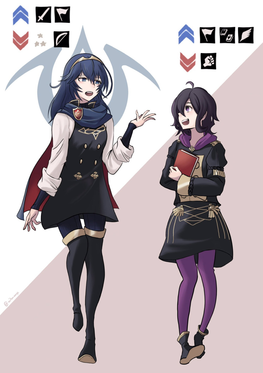 2girls, bare_arms, black_hair, blue_eyes, blue_hair, book, boots, cape, fire_emblem, fire_emblem:_three_houses, highres, hood, hoodie, lucina_(fire_emblem), mikanmage, morgan_(female)_(fire_emblem), morgan_(fire_emblem), multiple_girls, pantyhose, purple_hoodie, thigh_boots, tiara, violet_eyes