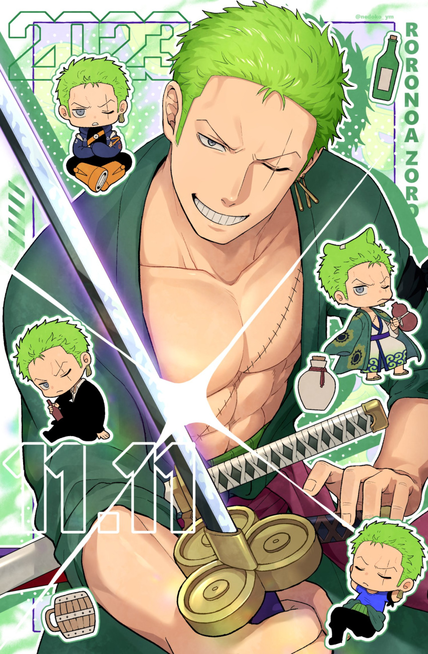 1boy, abs, chibi, closed_eyes, cowboy_shot, glint, green_hair, green_theme