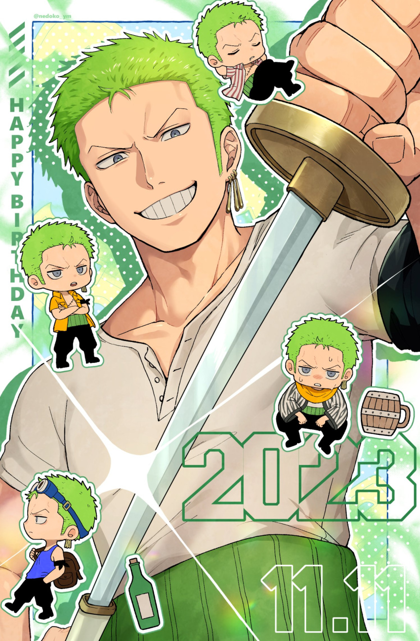 1boy, alcohol, beer, chibi, dated, green_hair, green_theme, grin, happy_birthday, highres, holding, holding_sword, holding_weapon, long_sideburns, looking_at_viewer, male_focus, nedoko_ym, official_alternate_costume, one_piece, roronoa_zoro, sheath, short_hair, sideburns, smile, solo, sword, unsheathing, weapon