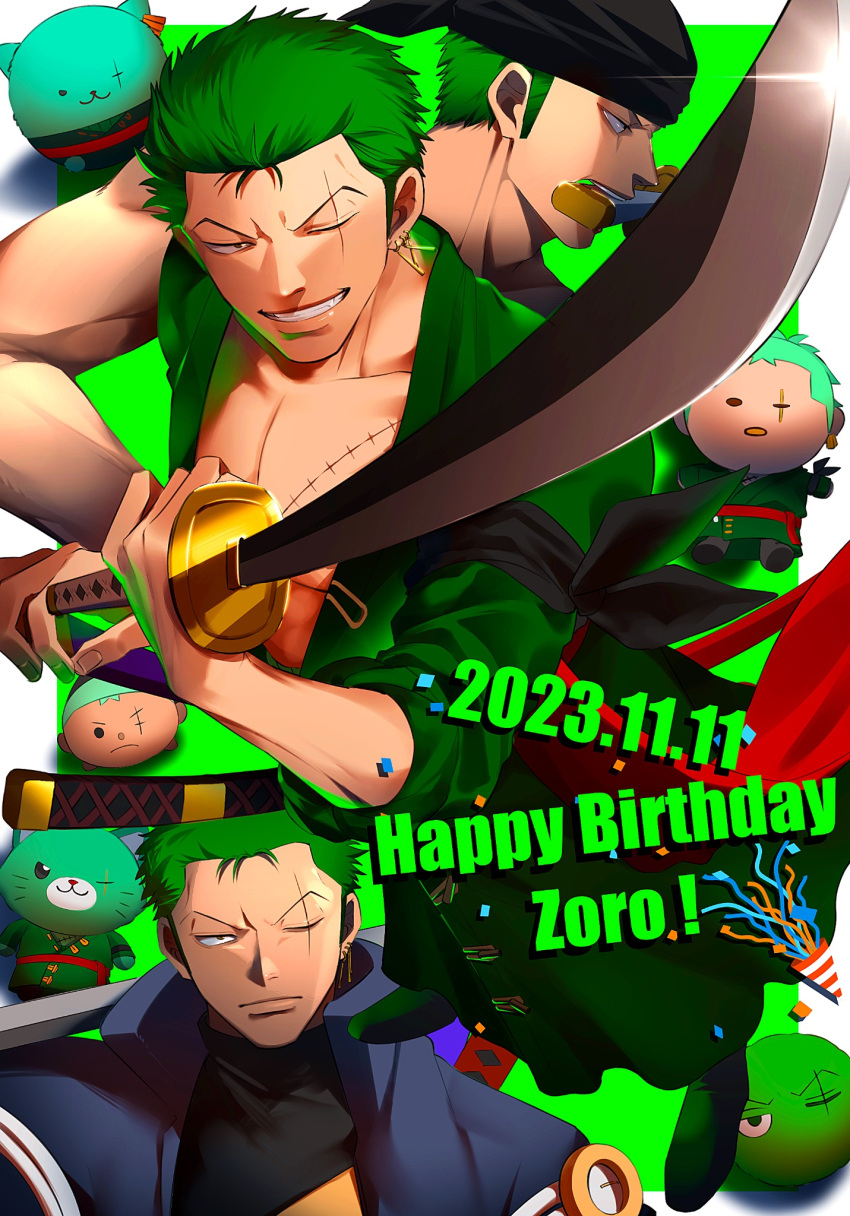 1boy, character_doll, dated, foreshortening, green_hair, green_theme, happy_birthday, highres, holding, holding_sword, holding_weapon, male_focus, marimo, marimo_zoro, mlh7q, multiple_views, one_piece, personification, plantification, roronoa_zoro, scar, scar_across_eye, serious, short_hair, sword, weapon, weapon_in_mouth