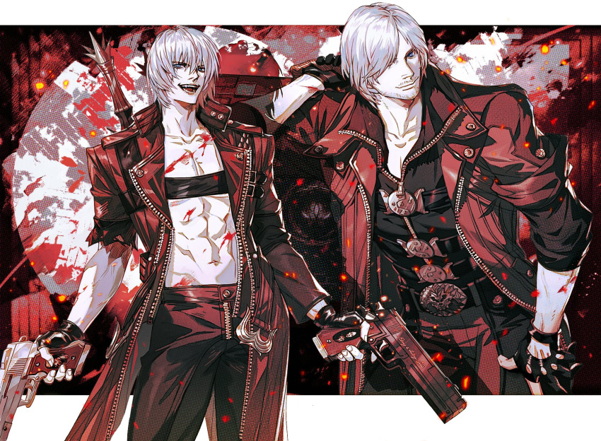1boy, aged_down, belt_bra, bishounen, blue_eyes, bomiu2333, coat, dante_(devil_may_cry), devil_may_cry_(series), devil_may_cry_3, ebony_&amp;_ivory, fingerless_gloves, gloves, gun, handgun, highres, looking_at_viewer, rebellion_(sword), red_coat, smile, solo, sword, weapon, white_hair