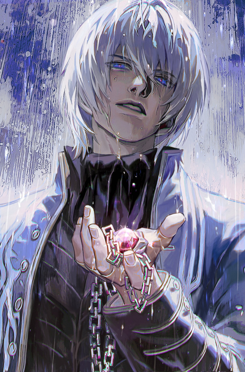 1boy, amulet, bishounen, blue_coat, blue_eyes, bomiu2333, coat, devil_may_cry_(series), devil_may_cry_3, hair_down, highres, long_hair, looking_at_viewer, looking_down, rain, solo, vergil_(devil_may_cry), wet, wet_hair, white_hair
