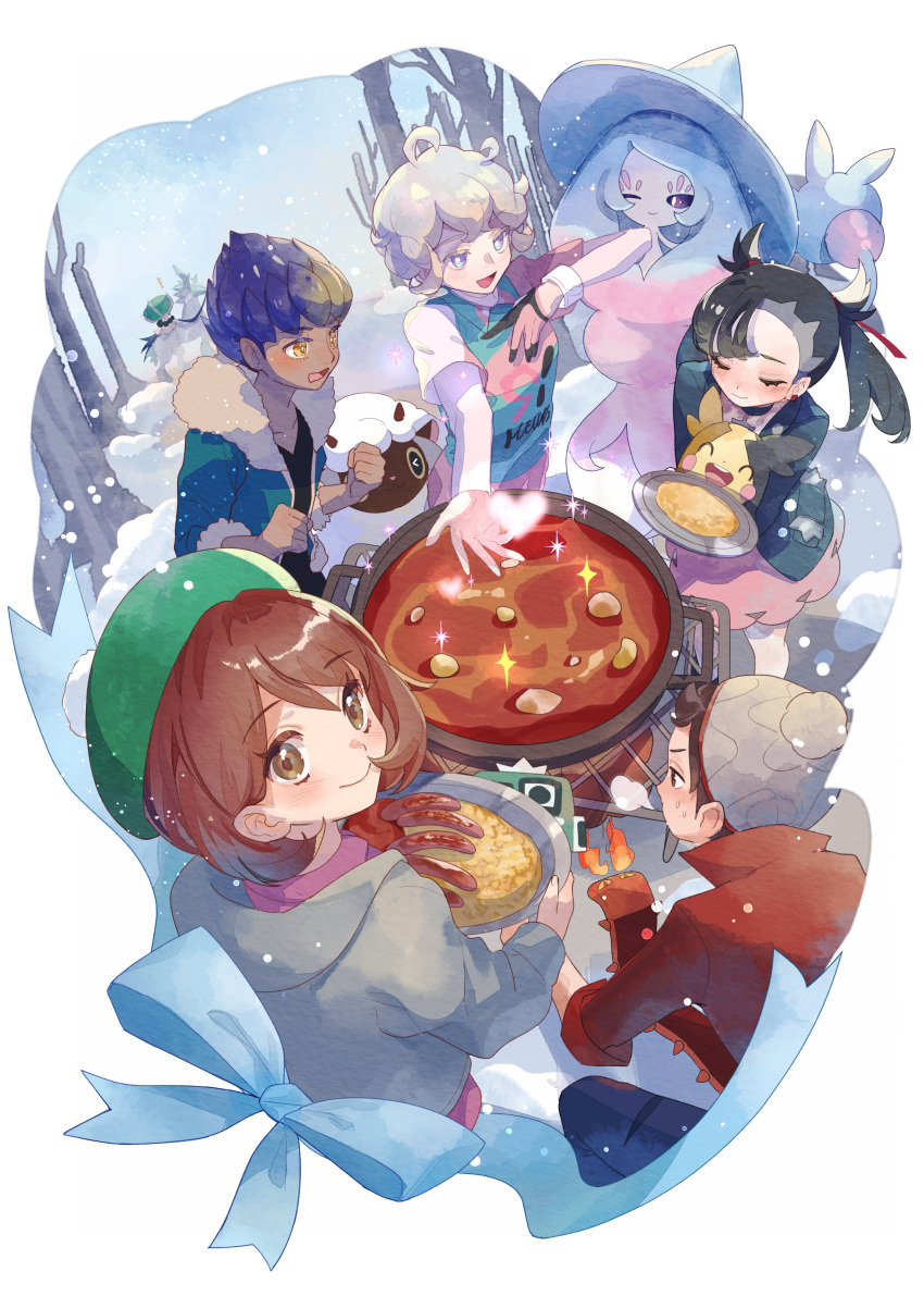 2girls, 3boys, absurdres, beanie, bede_(pokemon), black_hair, black_jacket, blush