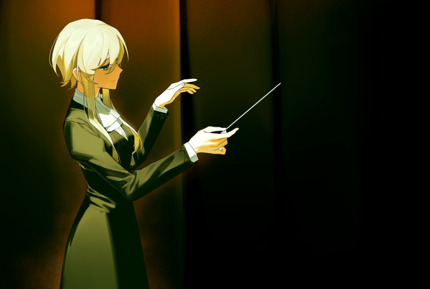 1girl, ascot, ays1071, black_dress, blonde_hair, blue_eyes, closed_mouth, cowboy_shot