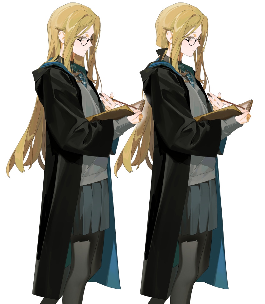 1girl, absurdres, ays1071, black_coat, black_pantyhose, black_skirt, blue_necktie, book, brown_eyes, coat, cosplay, fingernails, glasses, grey_shirt, harry_potter, harry_potter_(cosplay), highres, holding, holding_book, holding_wand, long_sleeves, multiple_views, necktie, orange_hair, pantyhose, parted_lips, reading, shirt, simple_background, skirt, standing, striped_necktie, wand, white_background