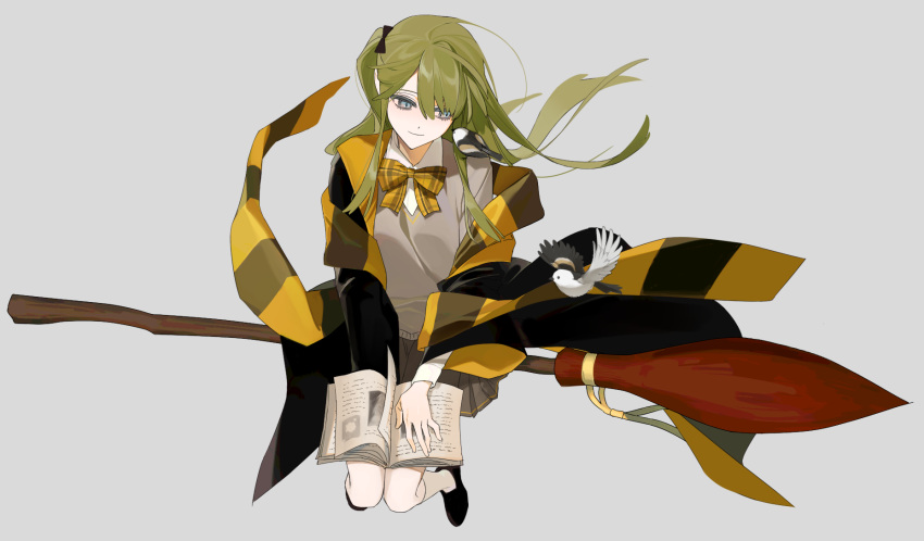 1girl, ays1071, bird, blue_eyes, book, bow, bowtie, broom