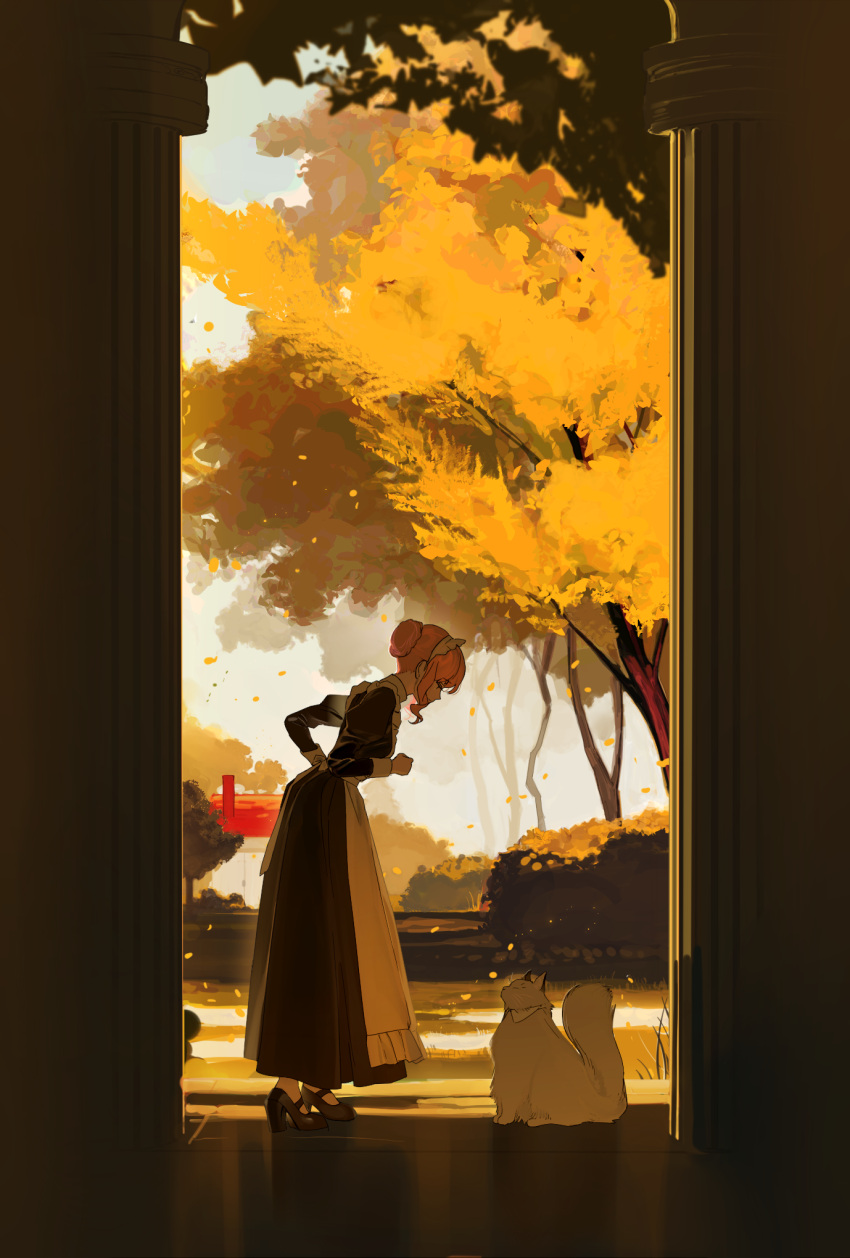 1girl, apron, ays1071, black_footwear, branch, bush, cat, clouds
