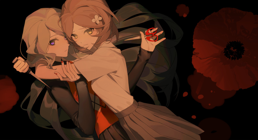 2girls, arm_around_neck, ays1071, brown_hair, closed_mouth, fingernails, flower, furrowed_brow