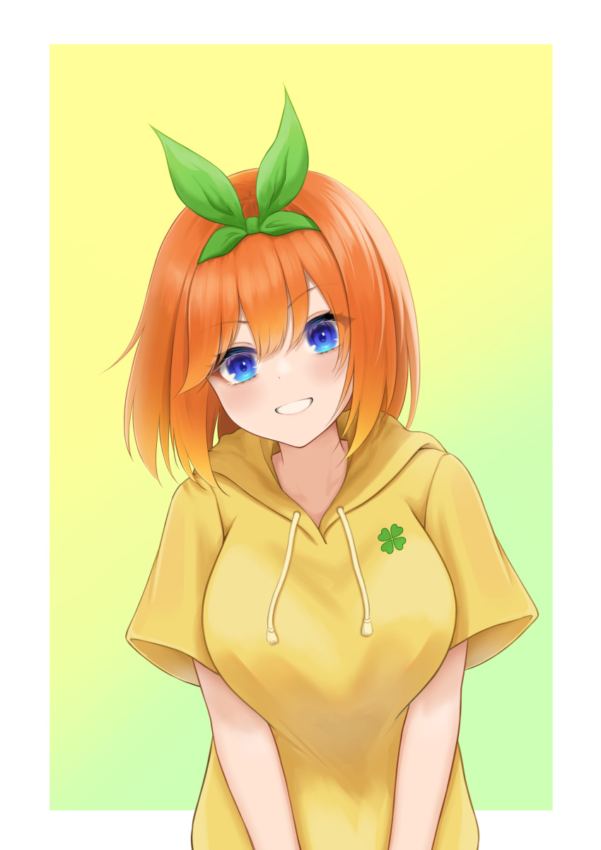1girl, absurdres, blue_eyes, bob_cut, breasts, clover_print, codename696, commentary_request
