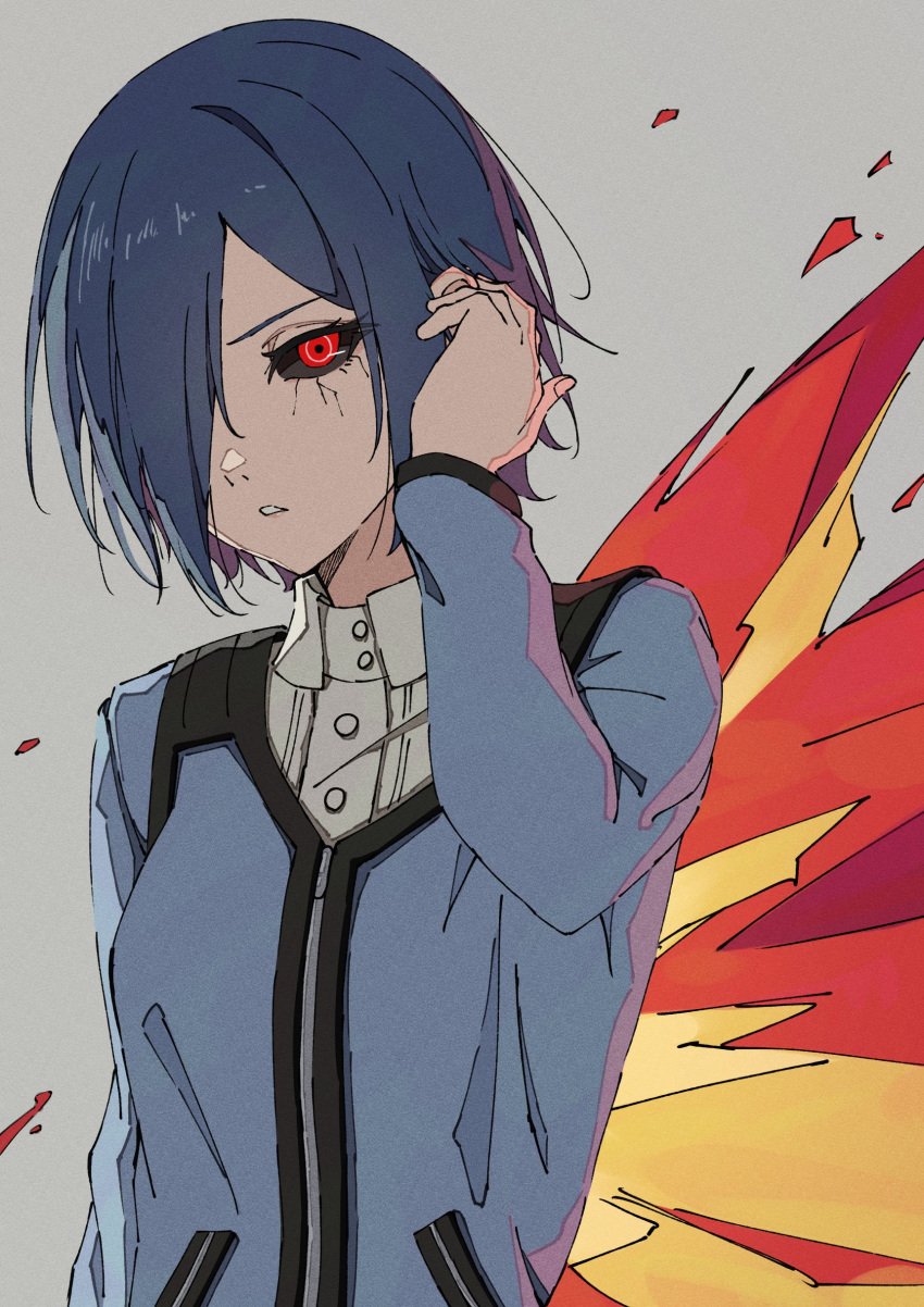 1girl, absurdres, black_sclera, blue_hair, blue_jacket, buttons, collared_shirt, colored_sclera
