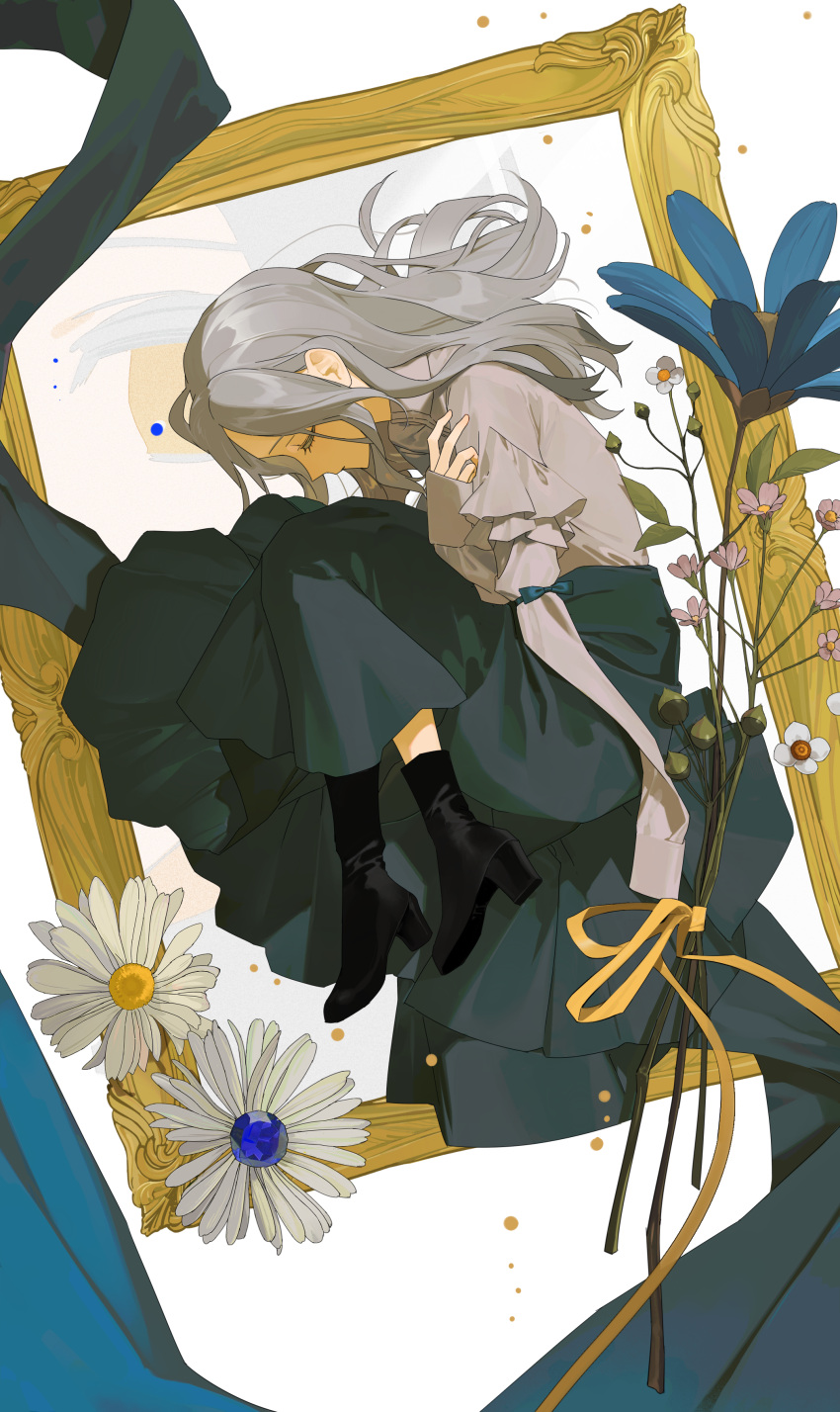 1girl, absurdres, amputee, ays1071, black_footwear, blue_flower, boots, closed_eyes