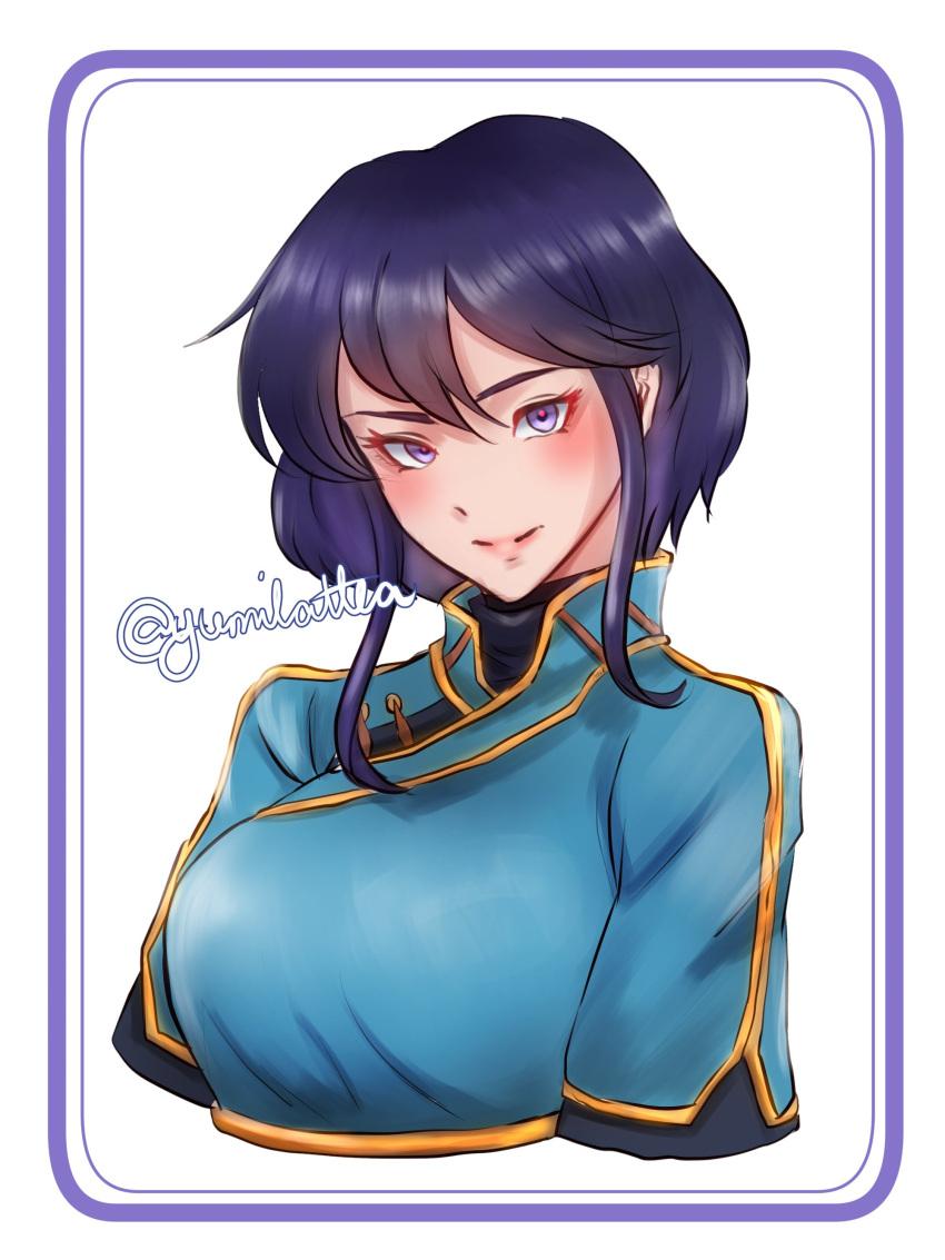 1girl, absurdres, artist_name, black_hair, blue_tunic, blush, closed_mouth, cosplay