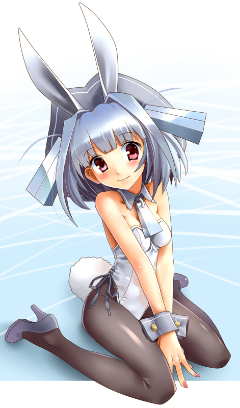 arumi-san, bangs, bare_shoulders, between_legs, black_legwear, blue_hair, blush, bunny_ears