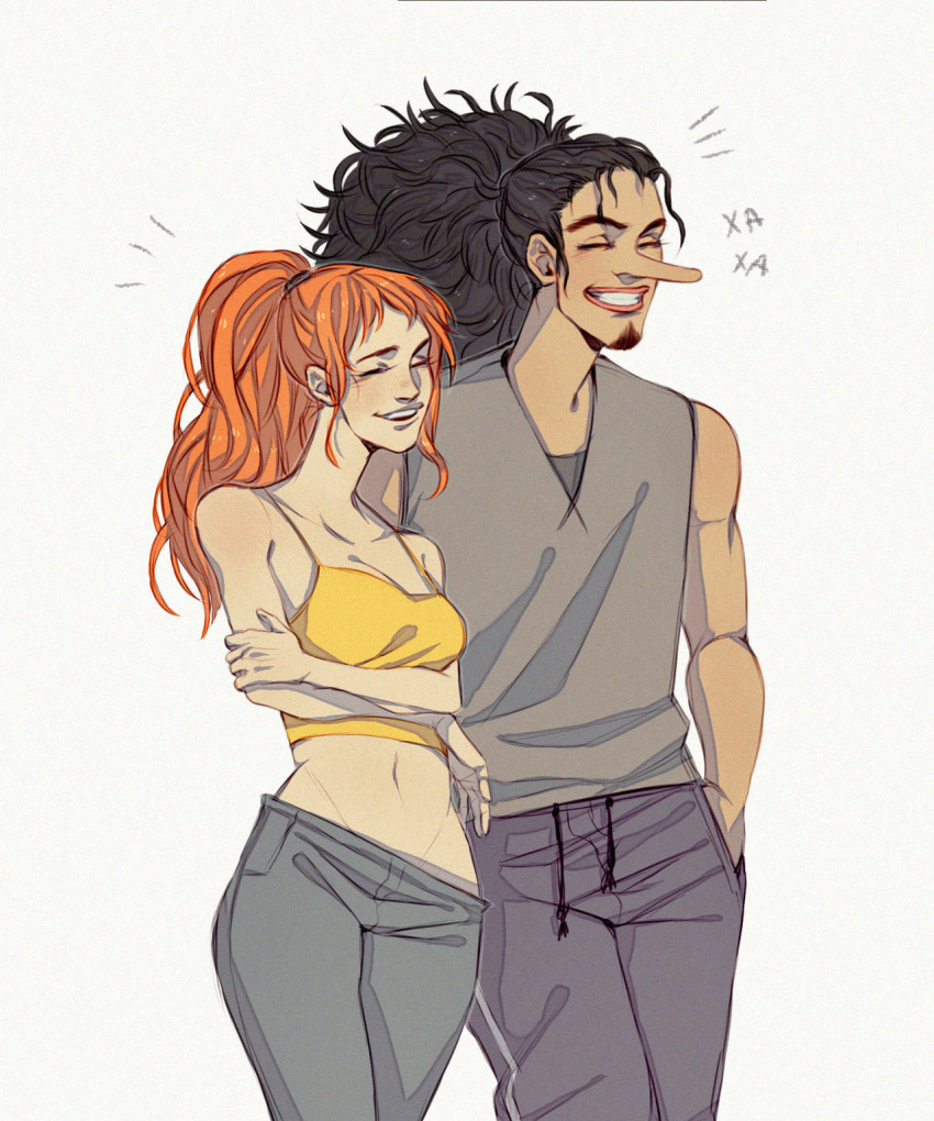 1boy, 1girl, bare_shoulders, black_hair, closed_eyes, commentary_request, curly_hair, facial_hair