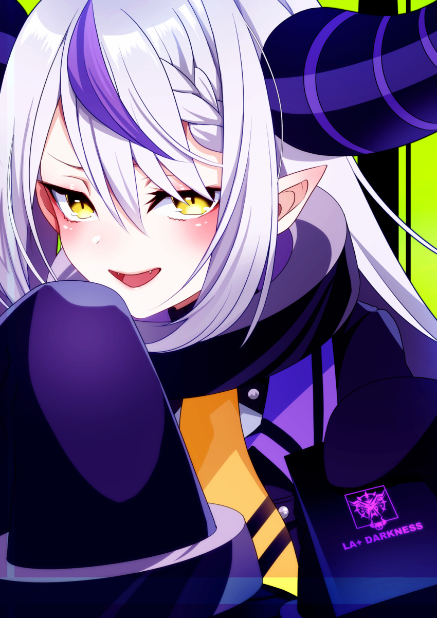 1girl, ascot, black_horns, braid, braided_bangs, character_name, coat, coat_dress