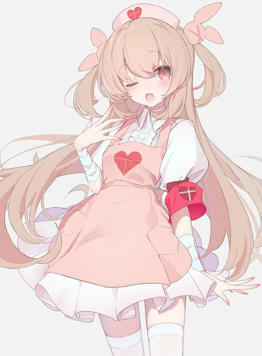 >_<, 1girl, :o, absurdres, apron, armband, bandaged_arm, bandaged_wrist