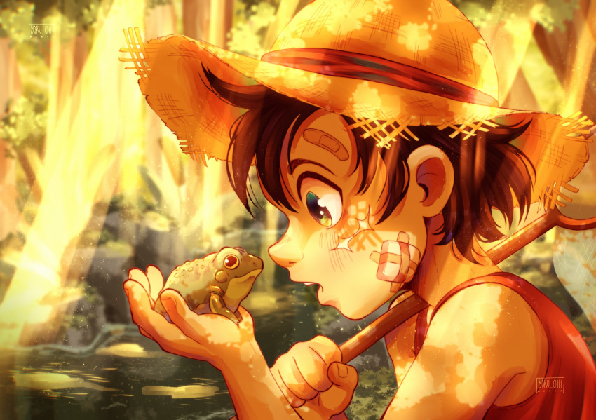 1boy, absurdres, aged_down, animal, artist_name, bandaid, bare_shoulders, black_hair