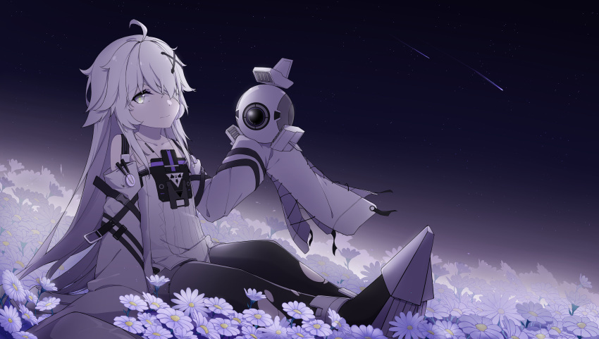 1girl, 1other, absurdres, ahoge, bandage_over_one_eye, black_pantyhose, detached_sleeves, dress