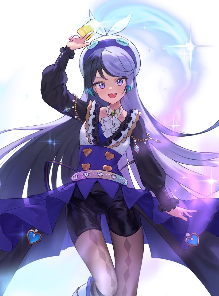 1girl, :d, arm_up, ascot, between_fingers, black_hair, black_shorts, bow