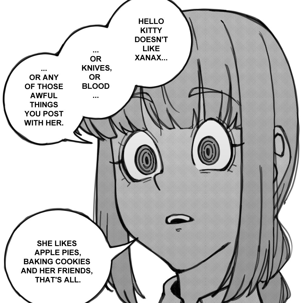 1girl, blunt_bangs, chainsaw_man, commentary, english_commentary, english_text, greyscale, hello_kitty