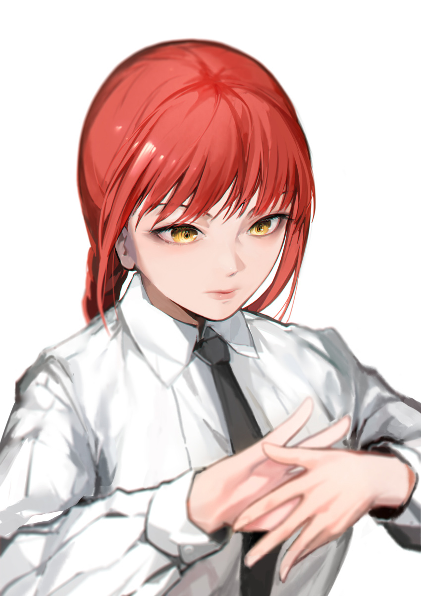 1girl, black_necktie, braid, braided_ponytail, chainsaw_man, collared_shirt, commentary, dress_shirt