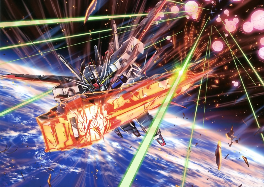 aile_strike_gundam, artist_request, atmosphere, atmospheric_reentry, earth_(planet), earth_atmosphere, gundam, gundam_perfect_file, gundam_seed, humanoid_robot, laser, mecha, mobile_suit, no_humans, official_art, planet, robot, shield, strike_gundam