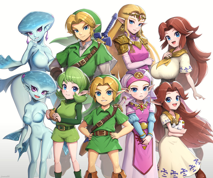 1boy, 4girls, absurdres, age_comparison, belt, blonde_hair, blue_eyes, blue_skin